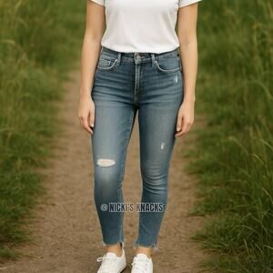 Cosmic Blue Love High Rise Distressed Ankle Skinny Jeans Frayed Hem Size 28P